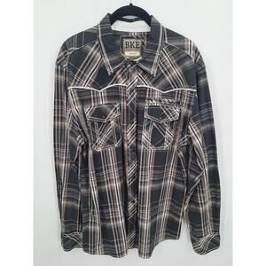BKE Men's Tan Plaid Slim Fit Black Snap Western Shirt Size Large Long Sleeve
